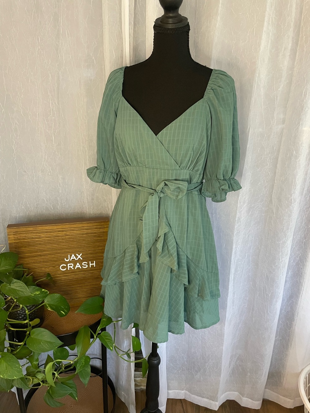 Trixxi Sage Green Tiered Ruffle Mini Dress